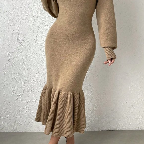 Mocha Brown Casual Womens Ruffle Hem Sweater Dress & Lantern Sleeve Bolero - Picture 4 of 5